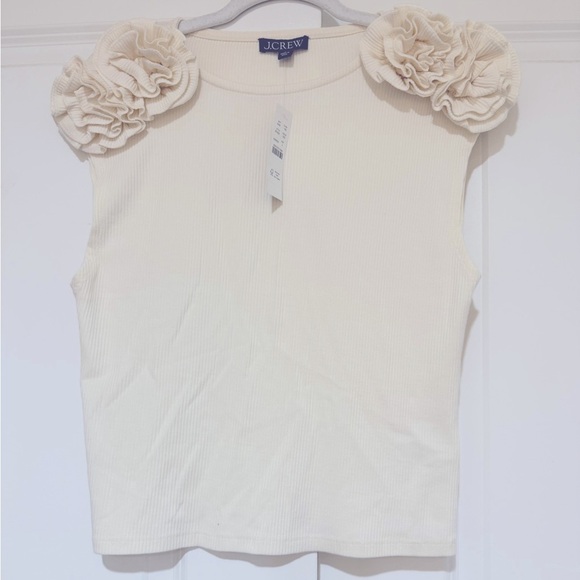 J.Crew Vintage Rib Rosette Tee Shirt Ivory Romantic Stretch Slim Large NWT - Picture 7 of 9